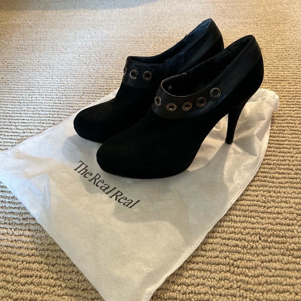 Stuart Weitzman Black Heeled Booties with Grommet Accents